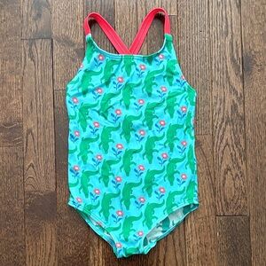 Mini Boden Girls 2-3Y Green Alligator Print One-Piece Swimsuit with Pink Straps
